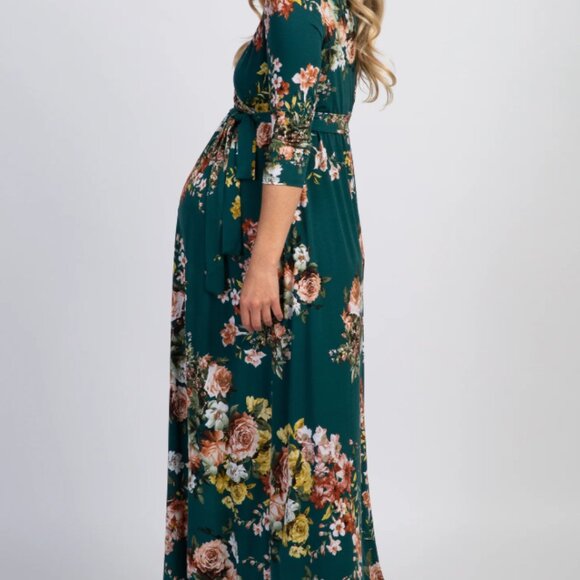 PinkBlush Green Rose Sash Tie Wrap Top Maternity Maxi Dress - Picture 3 of 7